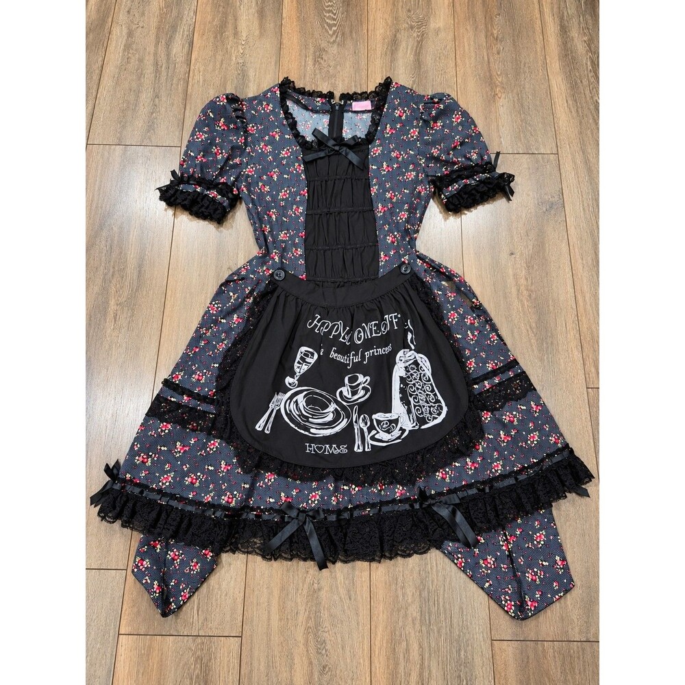 G-L-P Gothic Lolita Punk Dress M Floral Apron Lace Ruffle Y2K J-Fashion